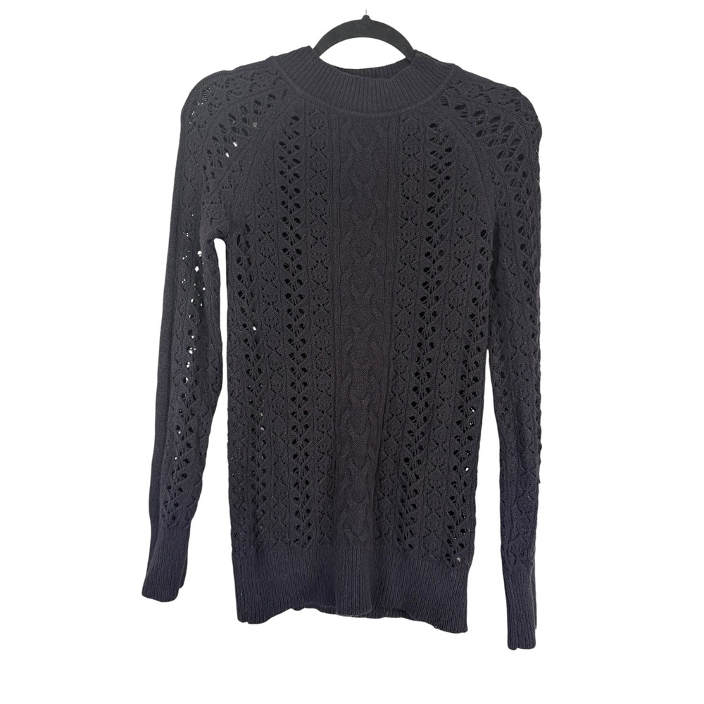 Free People Black Pointelle Crochet Cable Knit Mock Neck Sweater Small